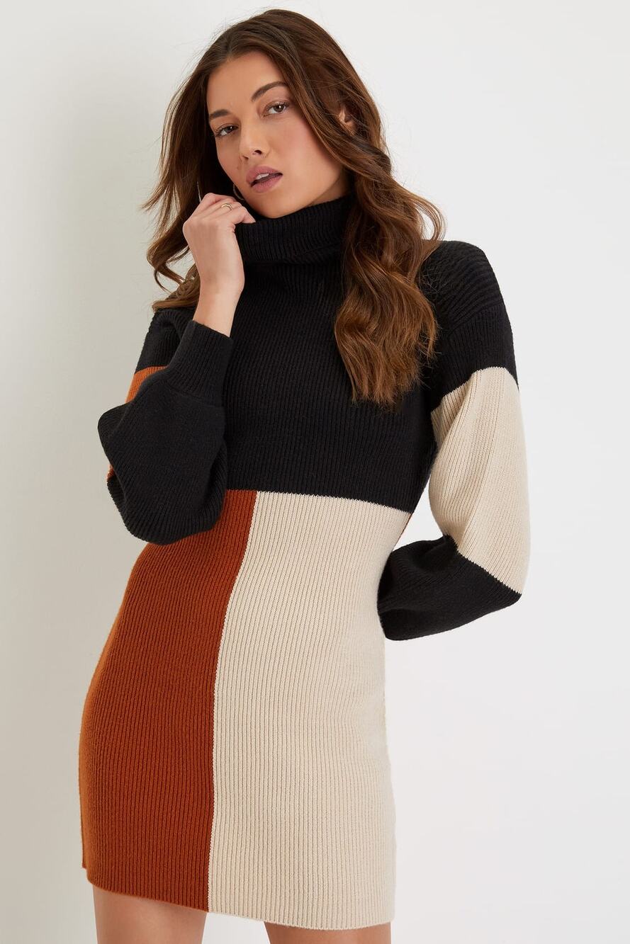 NWT Mod For You Black Color Block Turtleneck Mini Sweater Dress SZ SM